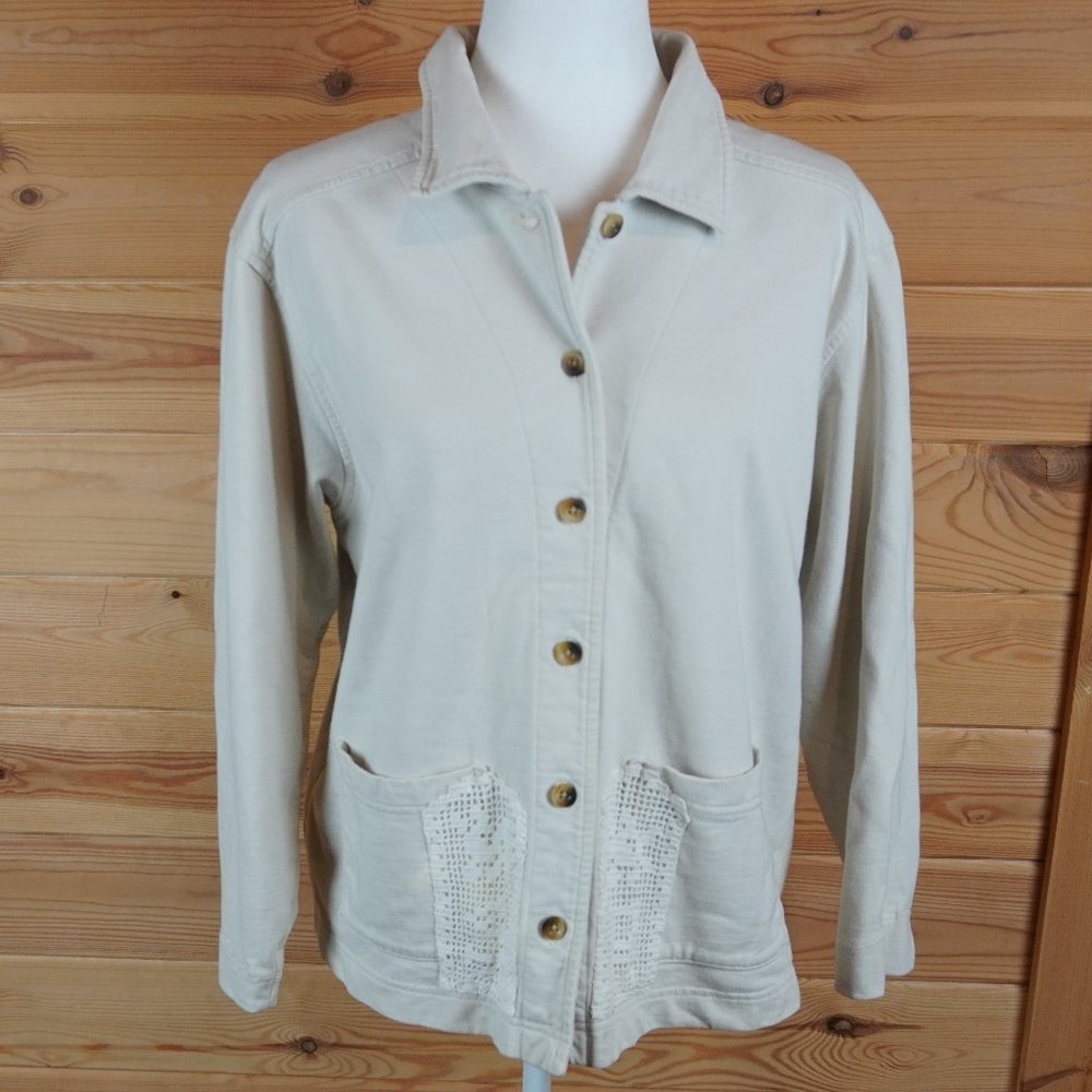 L.L.Bean Beige Button‎ Up Sweater Jacket Crochet Detail on Pockets Size Large